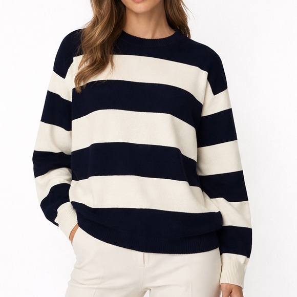 COS Sweaters - COS Oversized Stripe Cotton Sweater Navy Cream Small